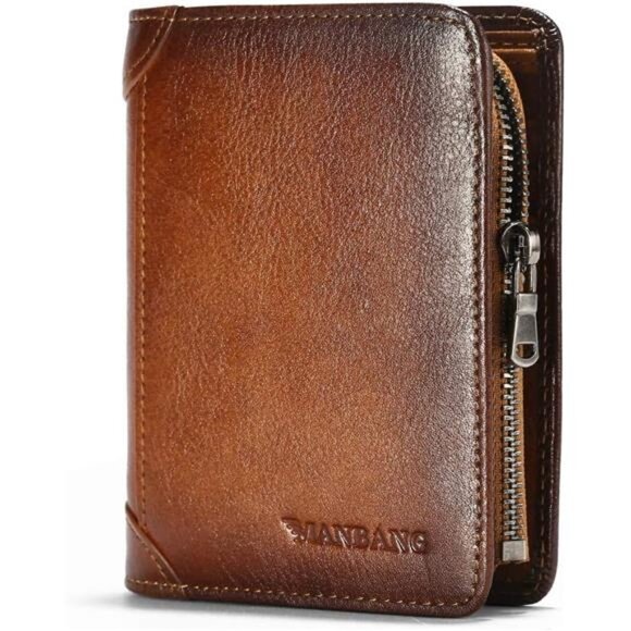 Mens Wallet Zipper Genuine Leather Brown